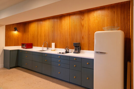 Wide angle Vertical Wood Paneling Modern Home  Kitchen 