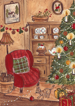 Illustration of a Christmas decorated living room