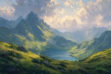 Naklejka premium Sunlit alpine lake nestled in a verdant valley, surrounded by majestic, shadowed mountains under a dramatic sky