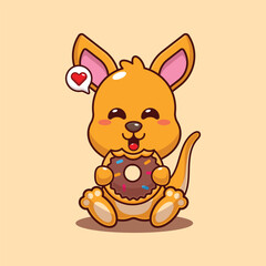 Cute kangaroo eating donut cartoon vector illustration