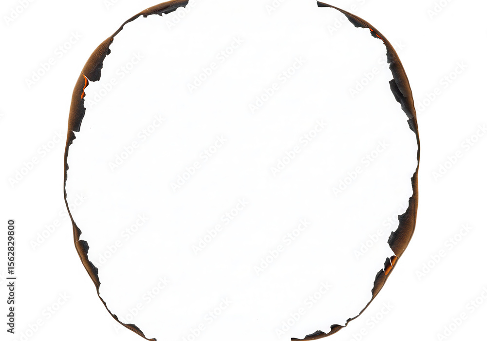 Poster burnt paper circle frame with charred edges isolated on transparent background, creating a unique an
