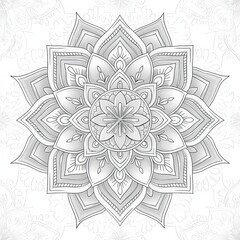 Fototapeta premium Vibrant flower on a white background featuring traditional ethnic henna patterns and repetitive motifs