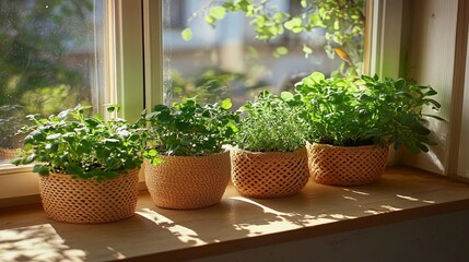 Sunlit Herbs in Woven Pots