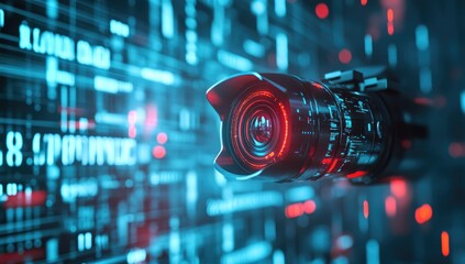 Futuristic camera lens focused on a digital matrix backdrop