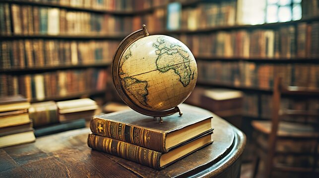 A vintage globe atop antique books in a cozy library setting. - Powered by Adobe