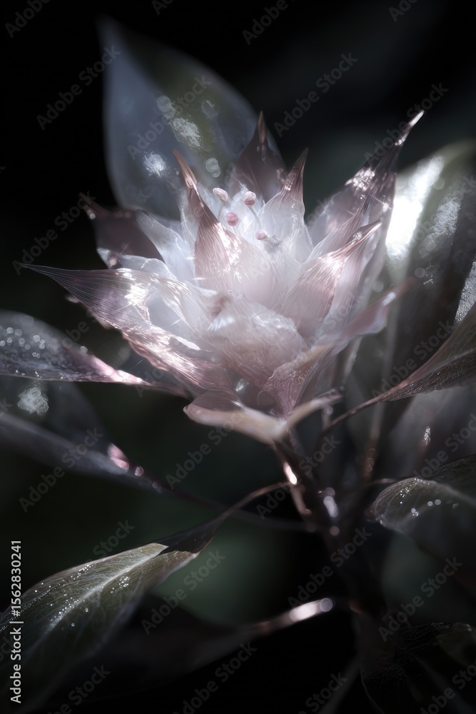 Poster close up shot of a ghost flower with translucent petals and dark background in soft focus style