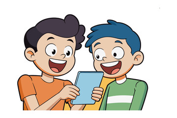 Joyful Tech Discovery: Two happy boys share a joyful moment, faces lit with excitement as they look at a digital tablet together.