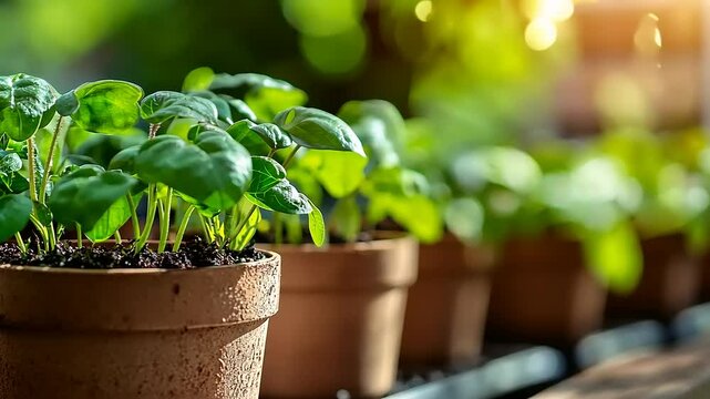 Lush green plants in terracotta pots basking in sunlight on a wooden table in a serene garden