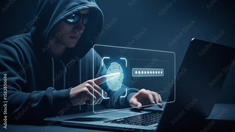 Poster a hooded figure interacting with a digital fingerprint and password interface on a laptop screen