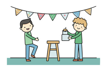Celebration of Friendship: Two young individuals share a joyful moment, one presenting a celebratory cake to a friend under festive decorations.