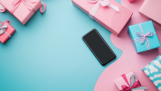 Flat lay of a black smartphone surrounded by pastel pink and blue gift boxes - Powered by Adobe