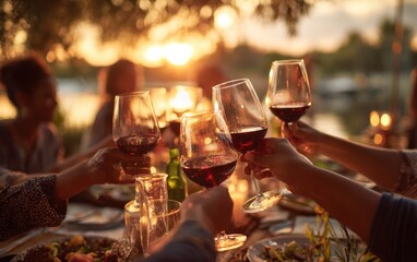 Friends toasting wine outdoors at sunset