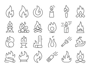 Fire icon set Editable stroke line featuring flaming campfires, fiery explosions, and abstract blazes.ore Vector illustration