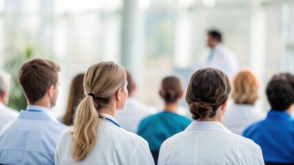 Defocused background of healthcare seminar filled with aspiring professionals in attentive posture	
