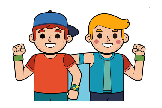 Smiling Together: Two youthful companions, arms interlocked in a vibrant display of friendship, radiate joy with their radiant smiles, against a backdrop of cheerful colors.