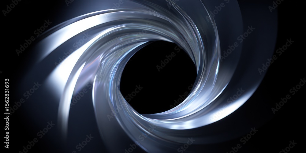 Poster a swirling vortex of silver metal against a black backdrop creating a deep tunnel effect in the imag