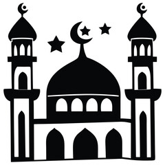 Simple black and white vector illustration of a mosque, showcasing Islamic architecture and religious symbolism.