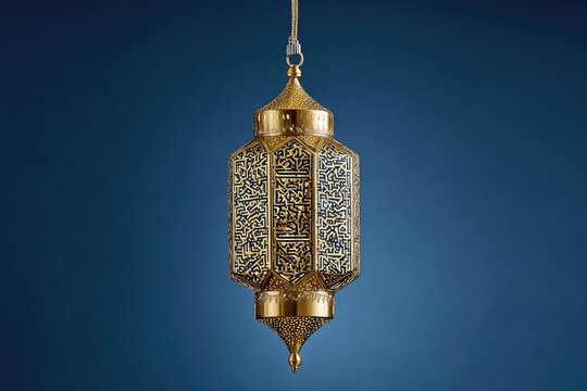 Ornate, golden lantern, hanging against navy backdrop.  Intricate, decorative patterns and script adorn the octagonal form