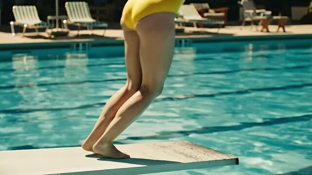 A person is standing on a diving board in a pool