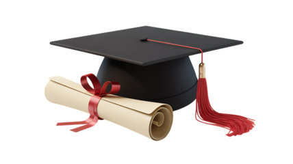 Photo of a black graduation cap and a rolled diploma tied with a red ribbon, isolated on transparent background