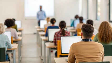 Defocused modern learning environment showing hybrid education with in-person and online students	
