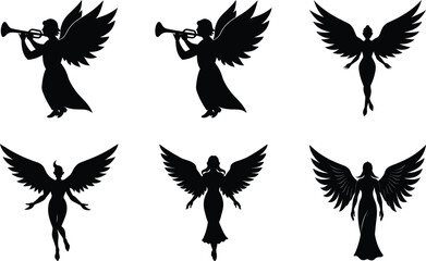 Obraz premium angel with trumpet silhouette on white background 