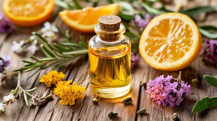 Aromatic essential oil surrounded by fresh herbs and citrus fruits.