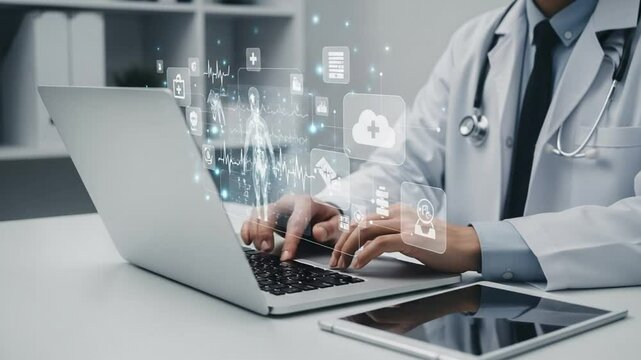 Doctor typing on laptop with medical icons floating near screen and tablet on desk in office space