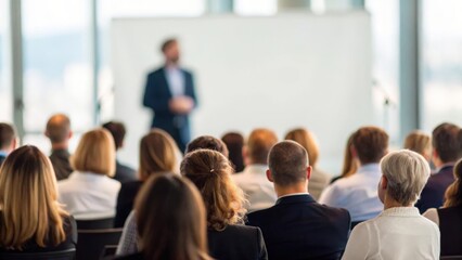 Blurred conference hall with business audience focused on speaker discussing leadership strategy	
