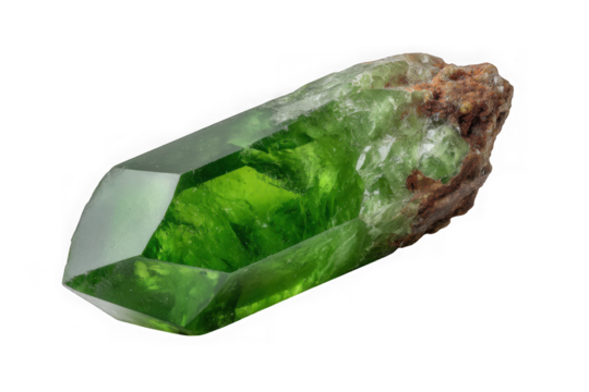 Vibrant green peridot crystal with a rough matrix isolated on transparent background