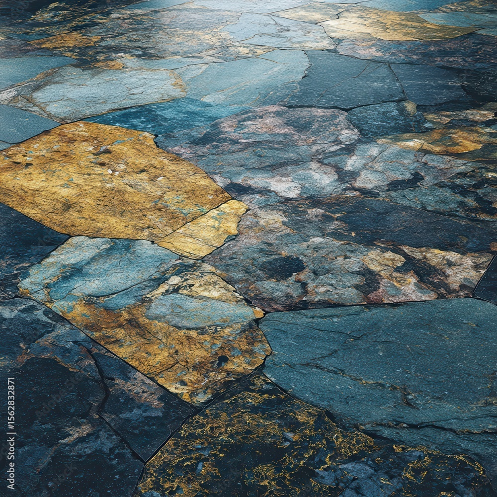 Poster irregularly shaped, dark teal and gold stone tiles form a textured surface, illuminated from above
