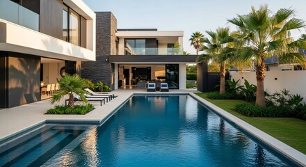 Fototapeta premium modern luxury home with pool and palm trees outdoor