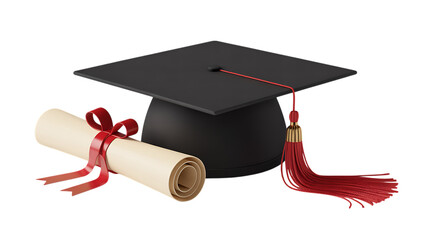 Photo of a black graduation cap and a rolled diploma tied with a red ribbon isolated on transparent background
