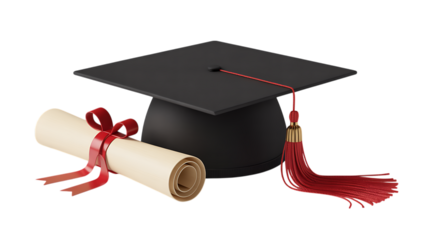 Photo of a black graduation cap and a rolled diploma tied with a red ribbon isolated on transparent background
