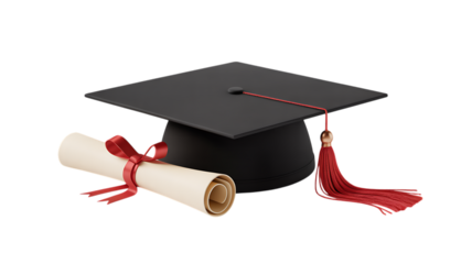 Photo of a black graduation cap and a rolled diploma tied with a red ribbon isolated on transparent background