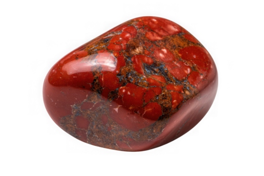 Polished red jasper gemstone with natural veining patterns isolated on transparent background