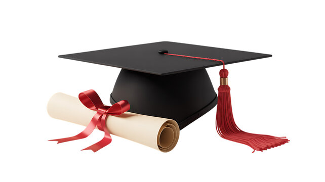 Photo of a black graduation cap and a rolled diploma tied with a red ribbon isolated on transparent background
