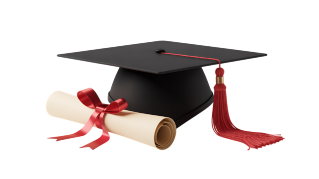 Photo of a black graduation cap and a rolled diploma tied with a red ribbon isolated on transparent background