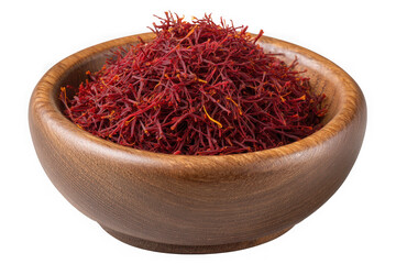Fototapeta premium A wooden bowl filled with dried red saffron threads and stigmas isolated on transparent background