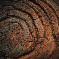 Naklejka premium Close-up of a weathered, dark wood cross-section revealing concentric rings, cracks, and variations in color, predominantly reddish-brown and grayish-blue hues