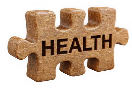 Wooden puzzle piece with the word health carved into it isolated on transparent background