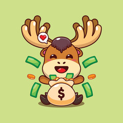Cute moose with money bag cartoon vector illustration