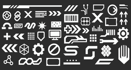 Futuristic UI graphic elements collection in white on dark background,set of brutalism shape element, generative ai
