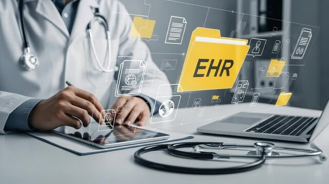Doctor using tablet with ehr folder icon and stethoscope on desk with laptop in office setting
