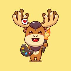 Cute moose painter cartoon vector illustration