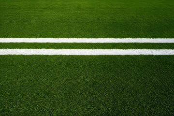 Thick horizontal white painted line is running across green grass turf in flat vector illustration, wallpaper, a well-maintained green grass field with a thick white line running horizontally across