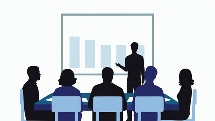 Silhouette of a presenter standing before a graph with a group of people at a conference table