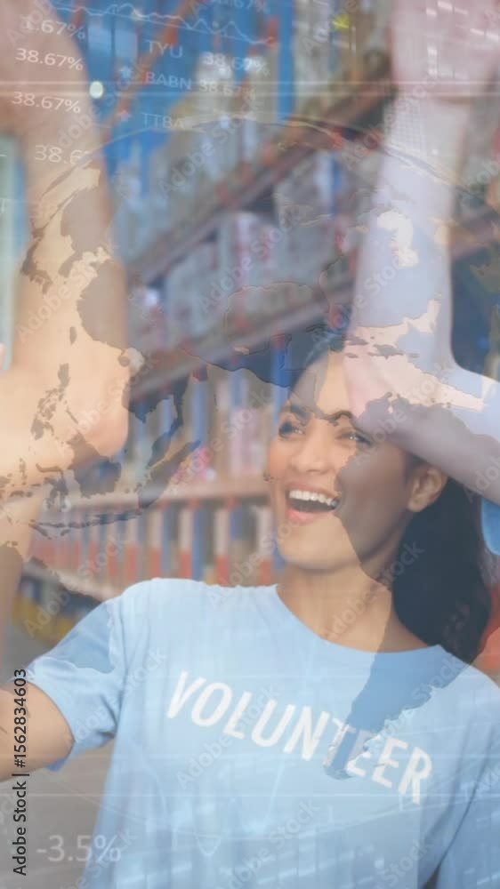 Poster animation of financial data processing over three diverse warehouse worker