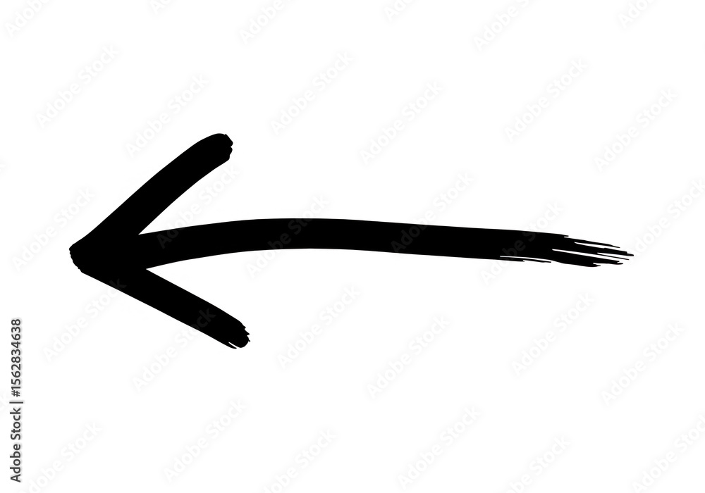 Poster a black arrow pointing left with a brush stroke effect is isolated on transparent background