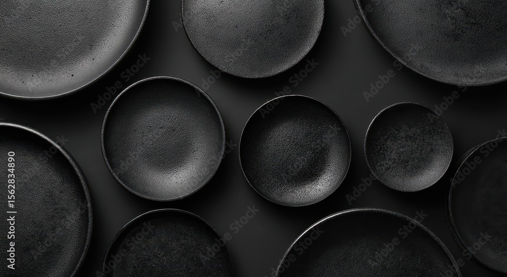Poster Overhead shot of various sized matte black plates arranged on a dark background, creating a minimalist, moody aesthetic